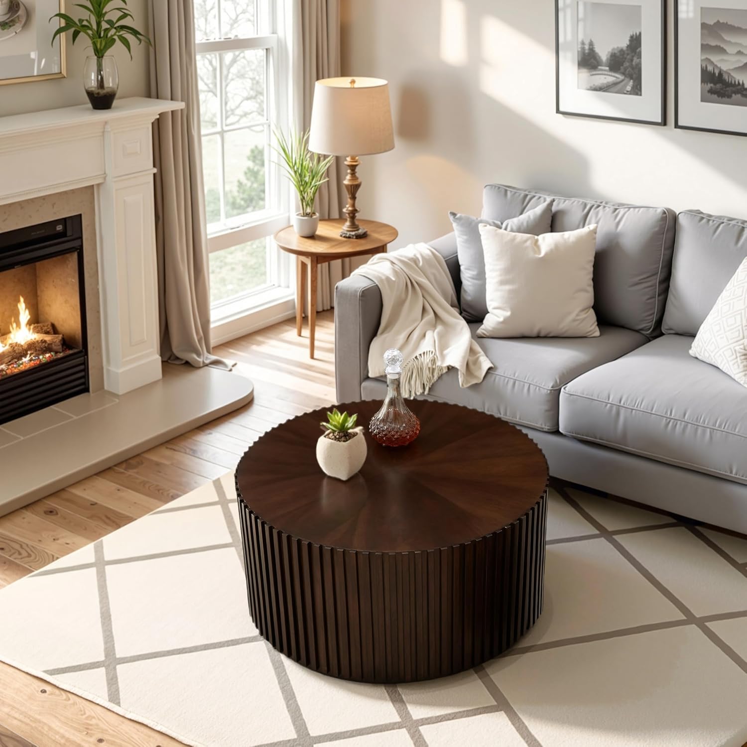Round Wood Coffee Table for Living Room, Wooden Modern Handcraft Drum Coffee Table, Circle Center Natural Table for Small Space, No Need Assembly (Deep Brown-CT,31x31x16 in)