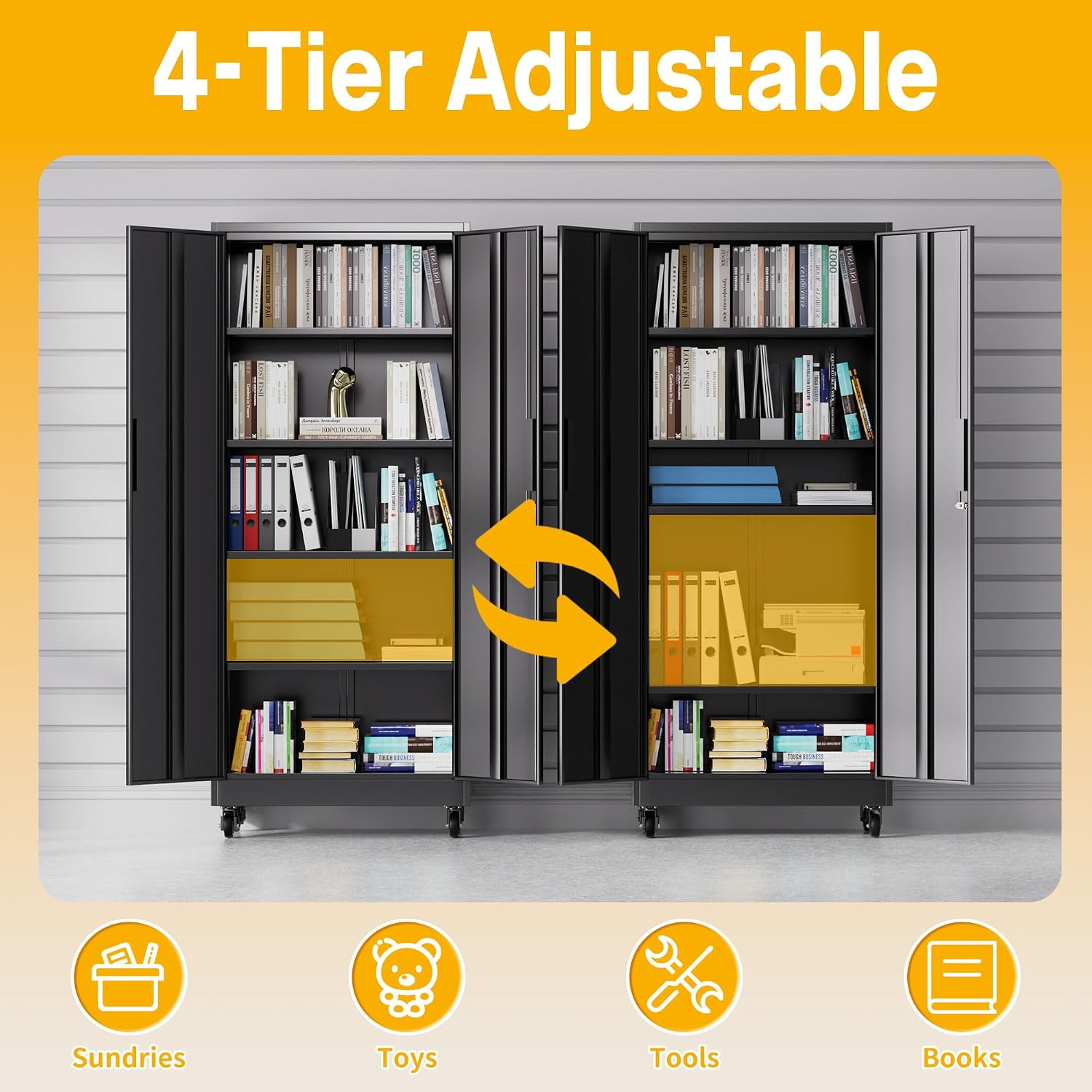 Metal Storage Cabinet with Wheels, 74.5' Garage Storage Cabinet with 4 Adjustable Shelves & Lockable Doors, Heavy Duty Garage Cabinets for Office, Home, Garage, Gym, School