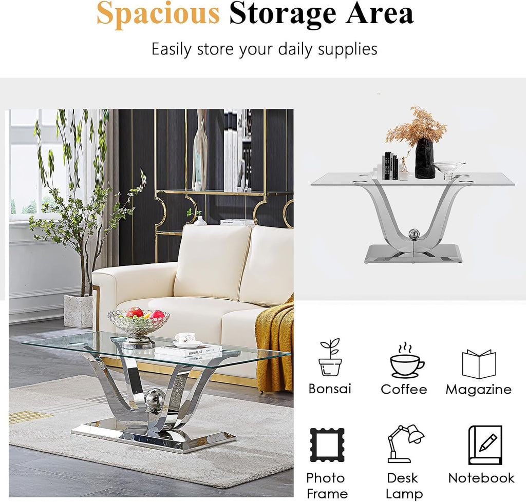 Mid Century Modern Coffee Table, Rectangle Silver Coffee Table, Tempered Glass Top & Flower Shape Stainless Steel Base, Minimalist Center Cocktail Sofa Side Table Glass Coffee Table for Living Room