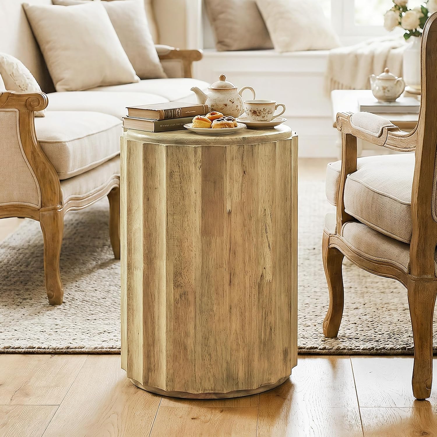 Round Side Table,Coffee Table with for Small Space,Fully Assembled End Table with Gold Geometric Design & Wave Pattern,Nightstand for Living Room,Bedroom,Office,18 Inch (Wavy Natural Wood)