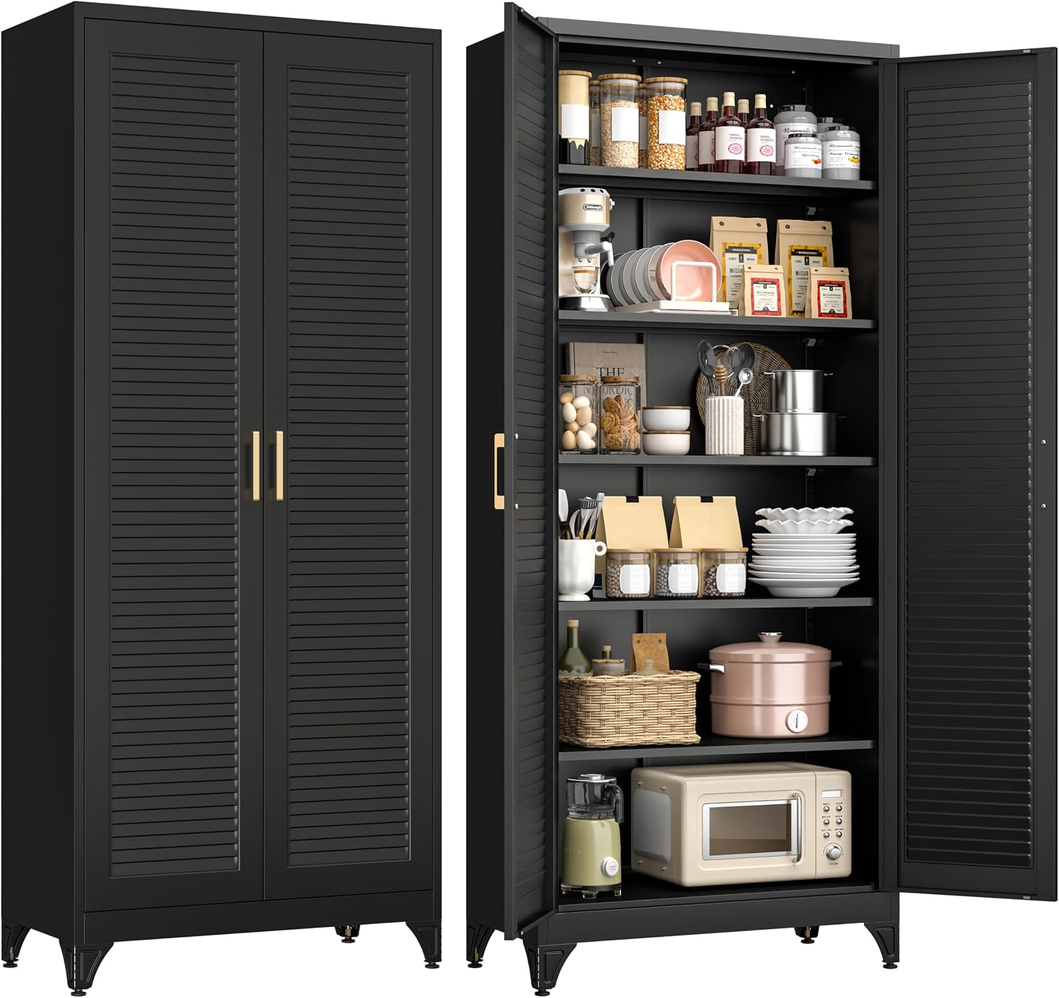 Polup 75' Metal Storage Cabinet with Doors and Shelves, Black Kitchen Pantry Cabinet, 6-Tier Freestanding Tall Storage Cabinet for Garage, Office, Bathroom, Laundry Room, Dining Room