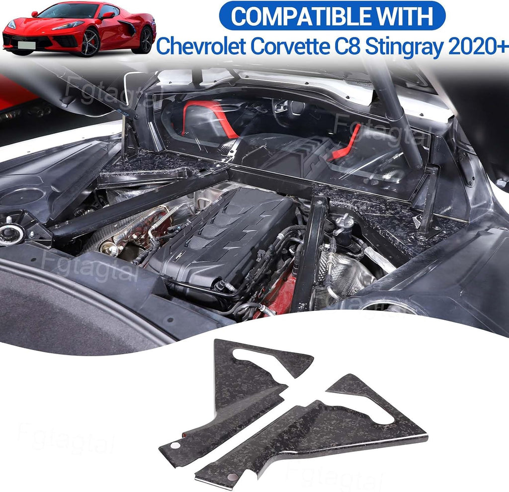 Real Carbon Fiber Engine Bay Panel Cover Compatible with Chevrolet Corvette C8 2020-2026, Front Hood Lift Supports Shock Struts Base Trim Cover Accessories 2Pcs (Forged Grain)