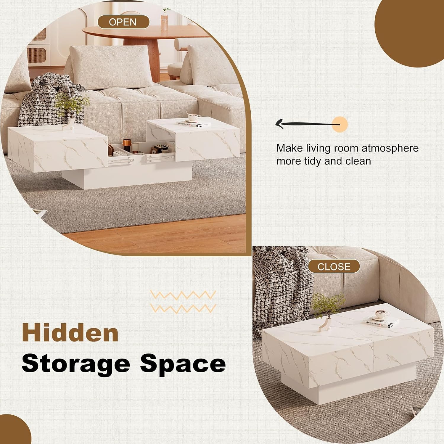 HedoAjim White Marble Coffee Table with Large Storage, Farmhouse Center Table for Living Room Mesas De Centro para Salas Modernas Nesting Modern Coffee Table for Reception Room