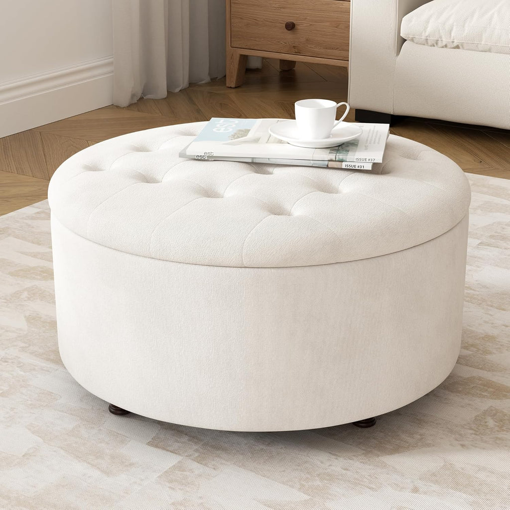 30 Inch Round Storage Ottoman,Modern Tufted Ottomans,Circular Coffee Table with Removable Top,Upholstered Large Ottoman with Storage Footrest Stool for Bedroom Living Room (White)
