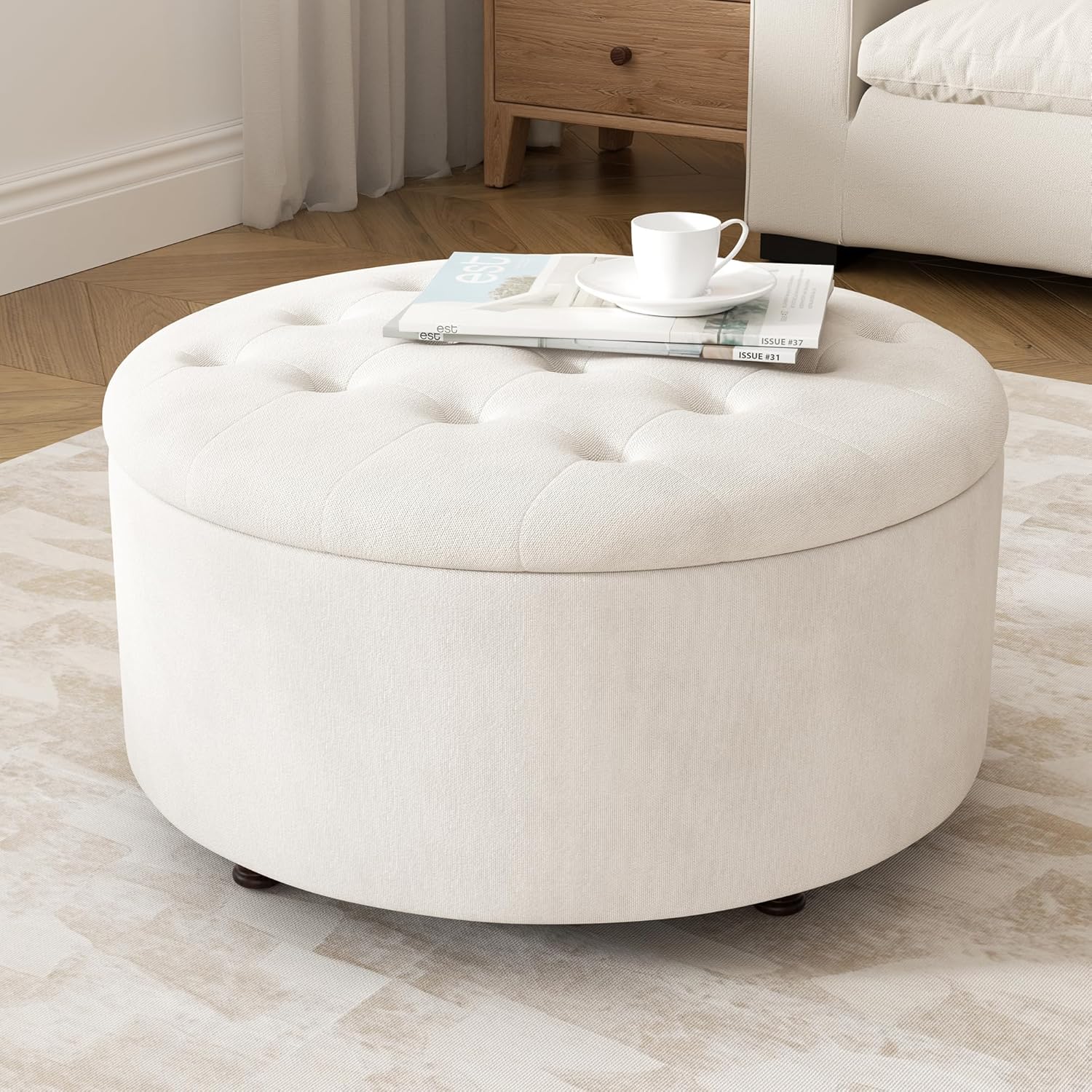 30 Inch Round Storage Ottoman,Modern Tufted Ottomans,Circular Coffee Table with Removable Top,Upholstered Large Ottoman with Storage Footrest Stool for Bedroom Living Room (White)