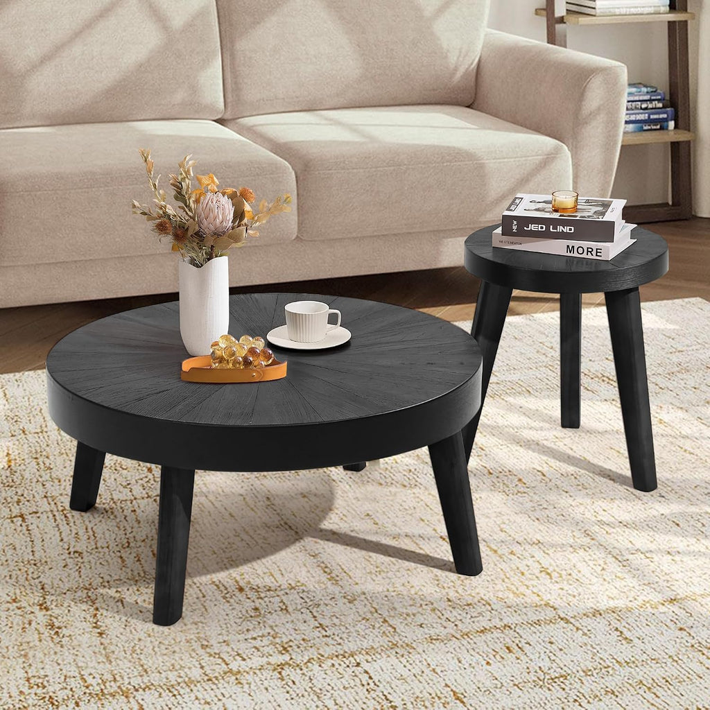 HOKYHOKY Farmhouse Round Coffee Table Set of 3, Black Sofa Side Nesting Tables End Table Set with Wood Natural Finish for Living Room, Bedroom, Home Office, Conference
