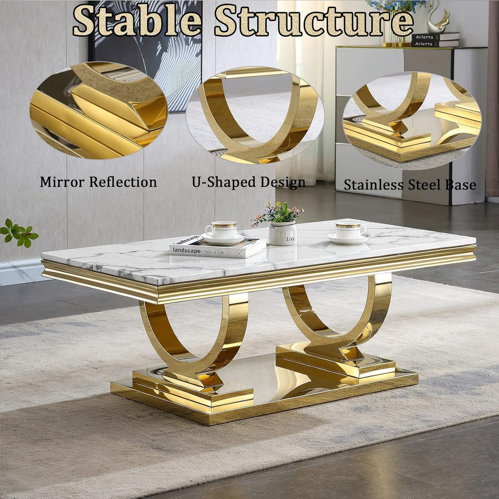 3 Pieces Living Room Table Set, Faux Marble Coffee Table Set of 3, Modern Coffee Table, Console Table and End Table with O-Shaped Stainless Steel Base for Living Room Office (White Gold)