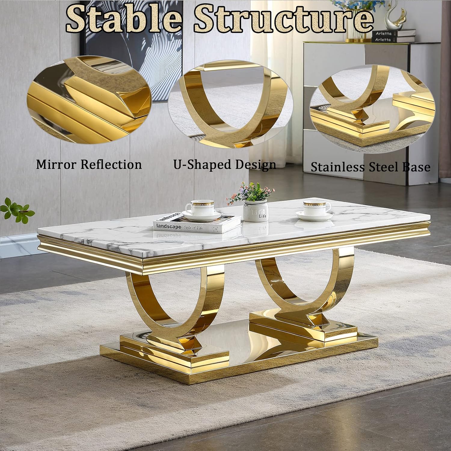 3 Pieces Living Room Table Set, Faux Marble Coffee Table Set of 3, Modern Coffee Table, Console Table and End Table with O-Shaped Stainless Steel Base for Living Room Office (White Gold)