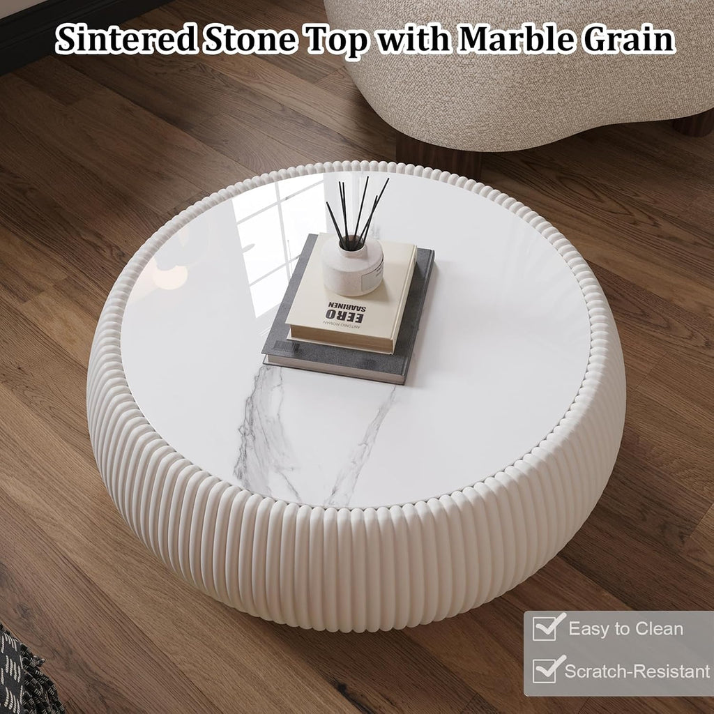 Modern Round Coffee Table Luxury Sintered Stone Top Coffee Table in Cream White Leatherette Creative Drum-Shape Cocktail Center Table for Living Room Bedroom,Fully Assembled