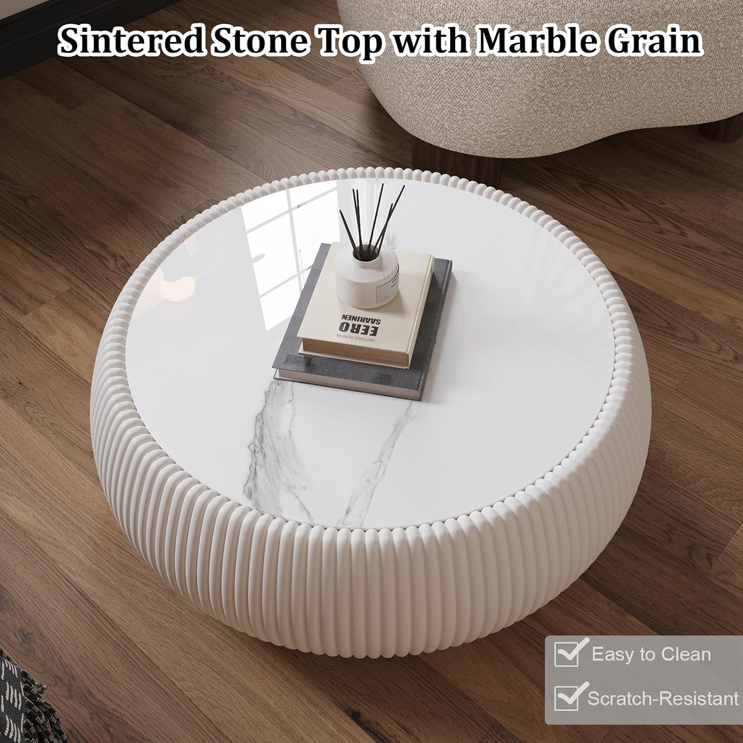 Modern Round Coffee Table Luxury Sintered Stone Top Coffee Table in Cream White Leatherette Creative Drum-Shape Cocktail Center Table for Living Room Bedroom,Fully Assembled