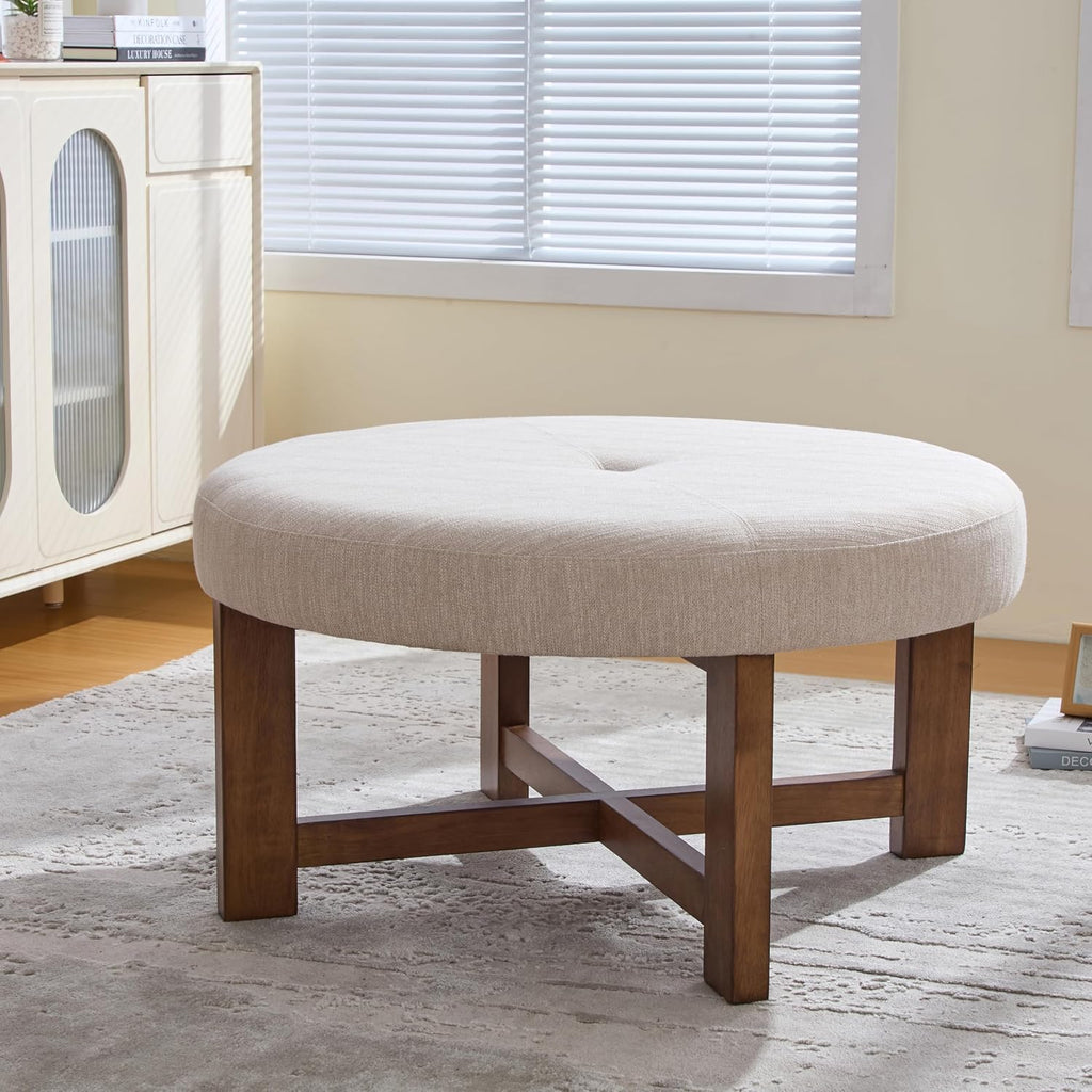 Christopher Knight Home Ladin Modern Round Ottoman Coffee Table, Fabric Upholstered Cocktail Ottoman for Living Room Sofa, Entryway Comfortable Footstool, Wooden Ottoman Foot Rest, Beige+Brown