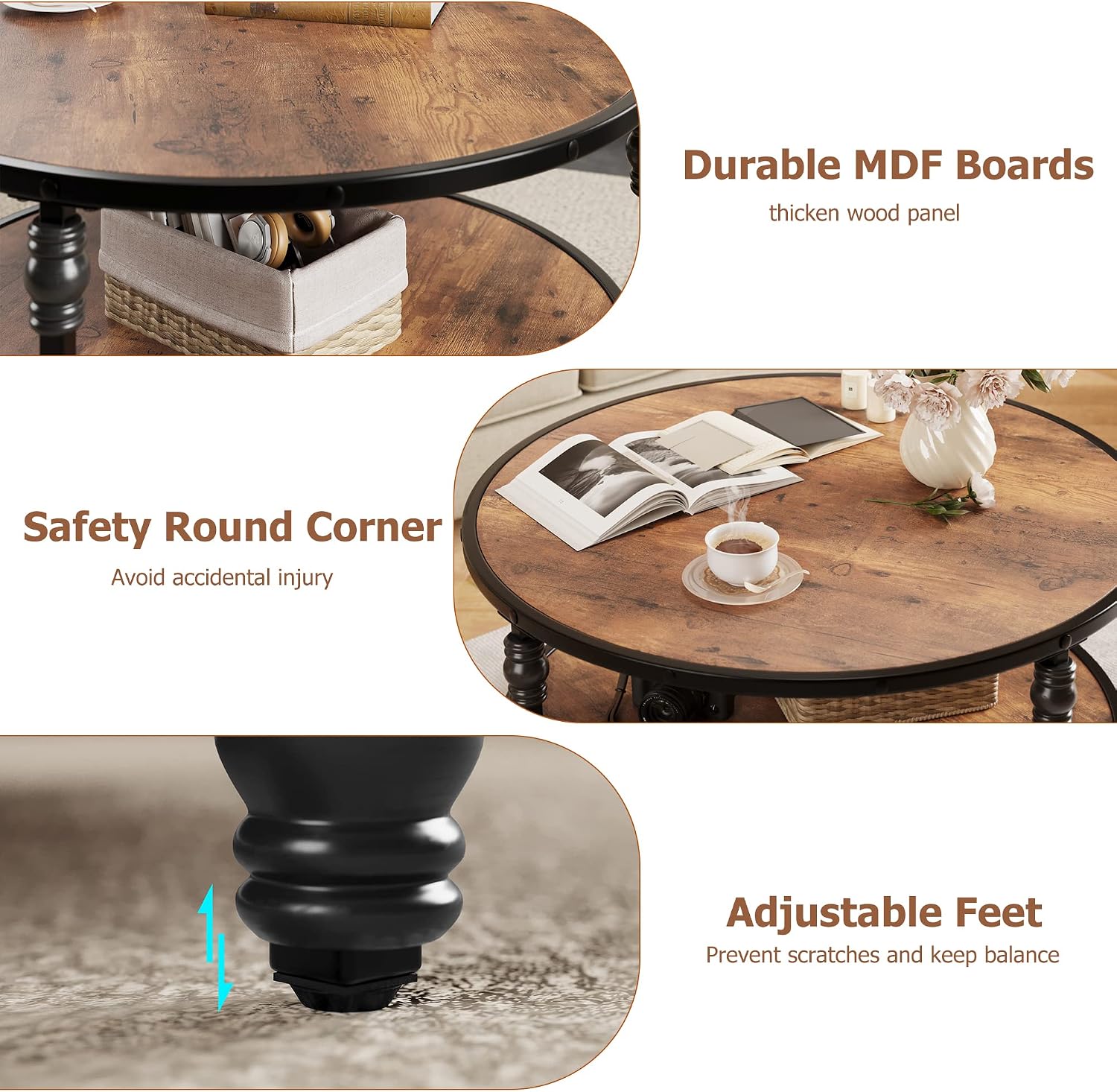 GarveeHome Round Coffee Table 2-Tier Wood Coffee Table with Storage Shelf Brown Circle Center Table Living Room