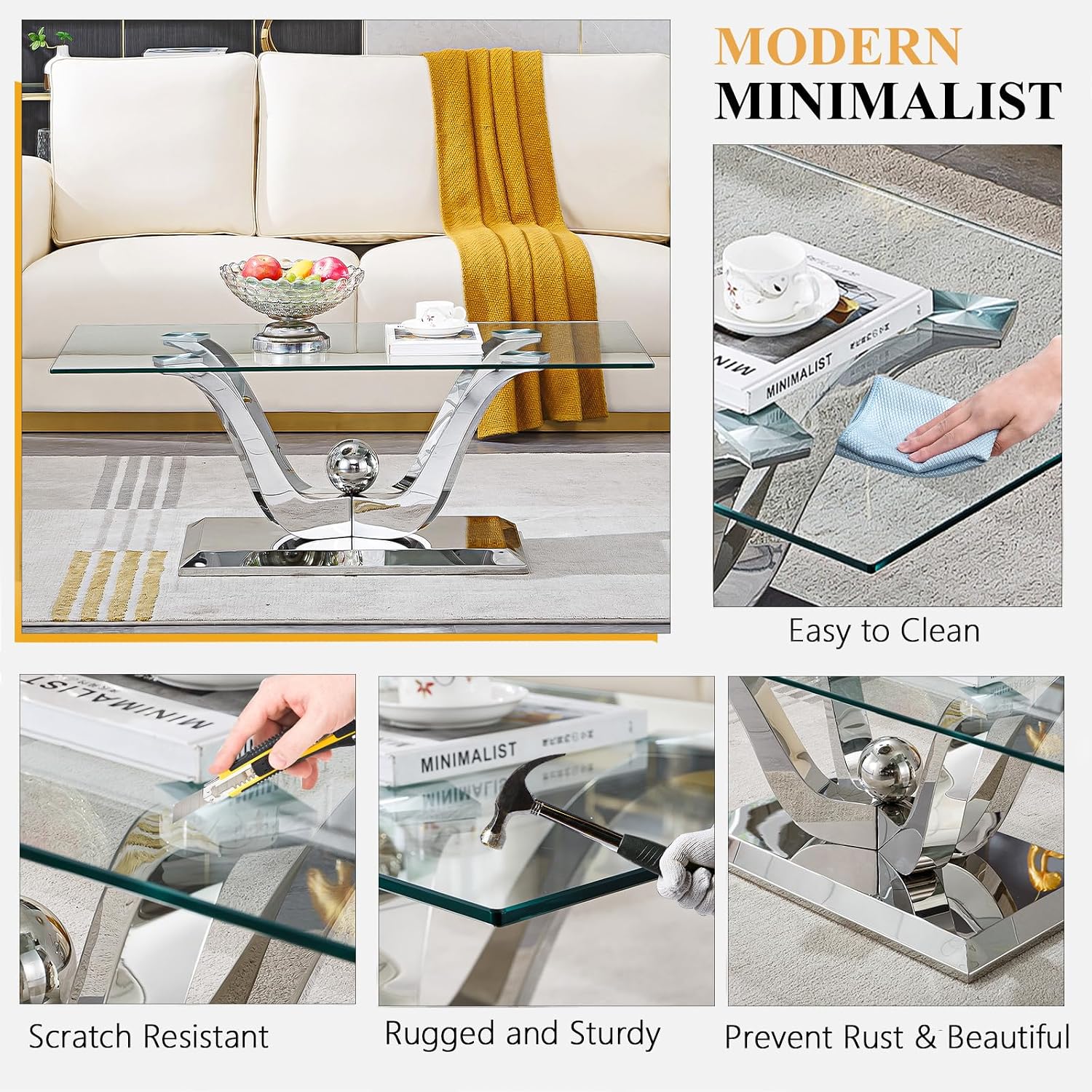 Mid Century Modern Coffee Table, Rectangle Silver Coffee Table, Tempered Glass Top & Flower Shape Stainless Steel Base, Minimalist Center Cocktail Sofa Side Table Glass Coffee Table for Living Room
