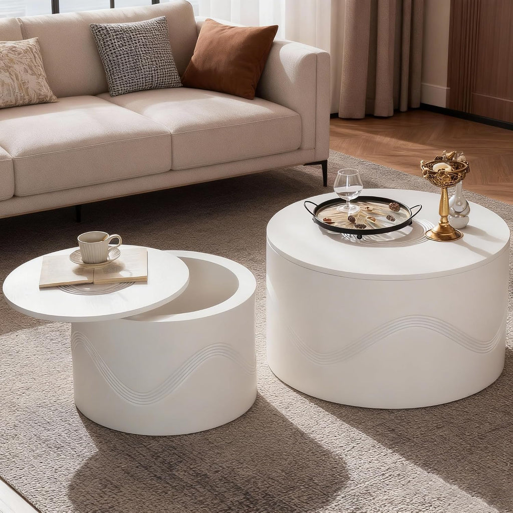 Round Nesting Coffee Table Set of 2, White Modern Coffee Table with Hidden Storage, Circle Coffee Tables for Living Room, No-Assembly Space-Saving Center Table End Side Table for Home Office