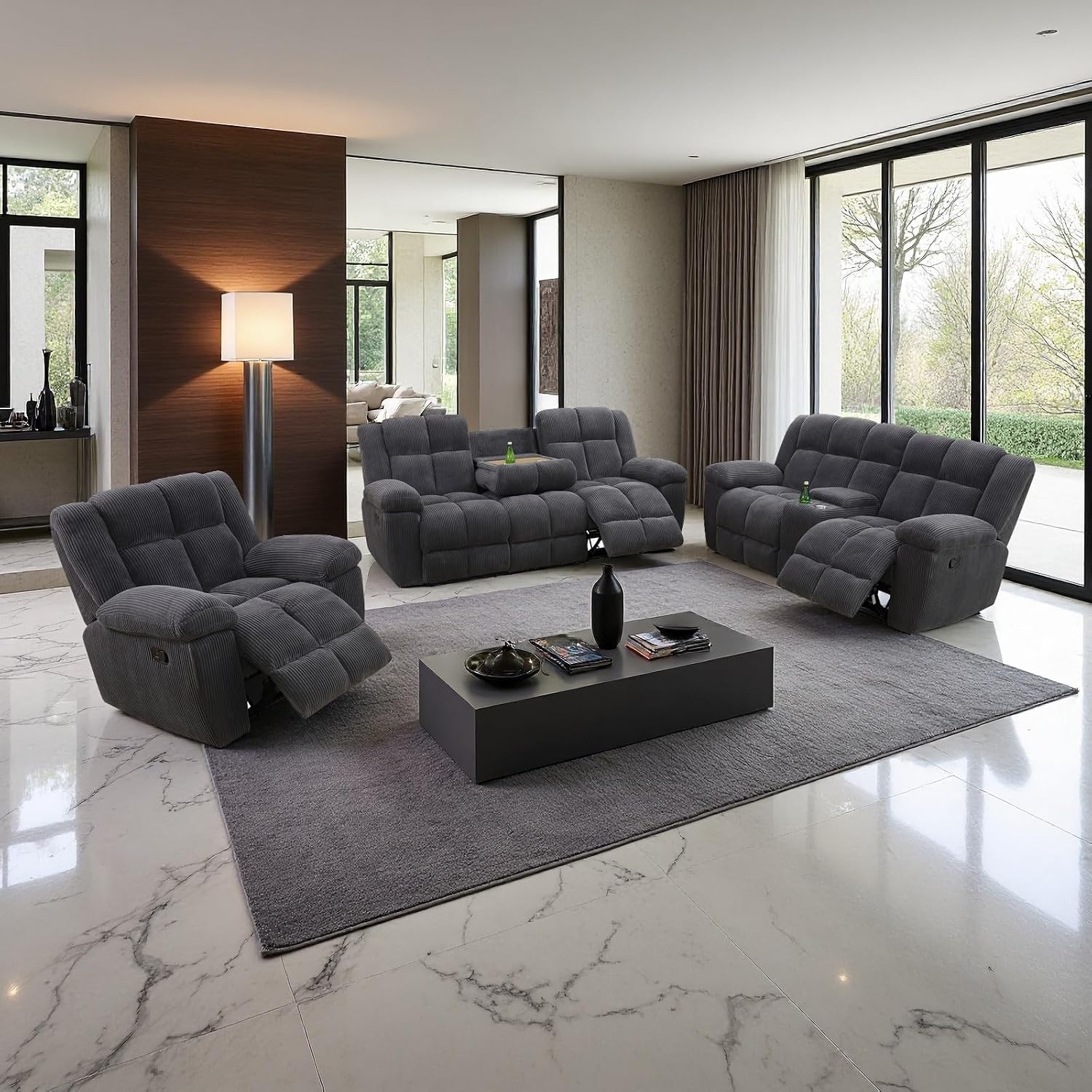 Corduroy Recliner Sofa Set with Cup Holder, 3 Pieces Living Room Furniture Sets, Grey Manual Corduroy Sofa Set with Storage, Modern Reclining Couches for Living Room/Office