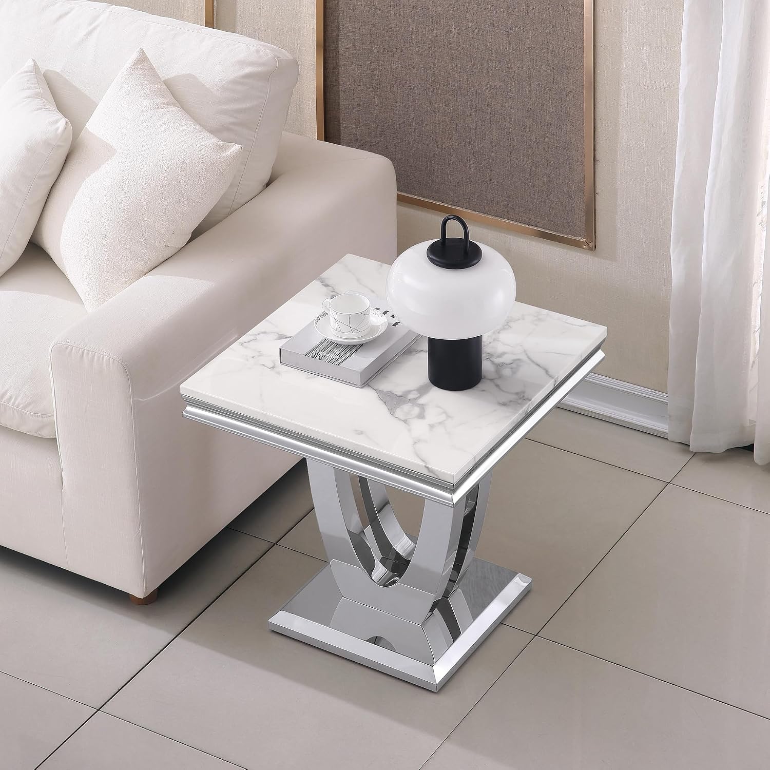 Modern Marble End Table,22' Suqare Side Table with Silver U-Shape Stainless Steel Base,Luxury White Faux Marble End Table Nightstand Pedestal Stand Lamp Table for Hallway, Living Room, Bedroom