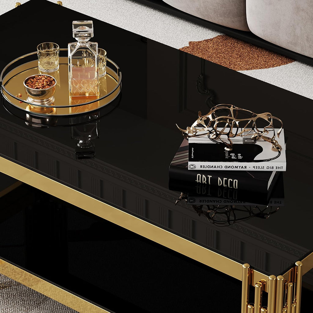 SSLine 3-Piece Living Room Table Set, Modern Black Glass Coffee Table with 2 End Table, Luxury Rectangle 2-Tier Storage Coffee Table Set with Gold Stainless Steel Frame for Living Room