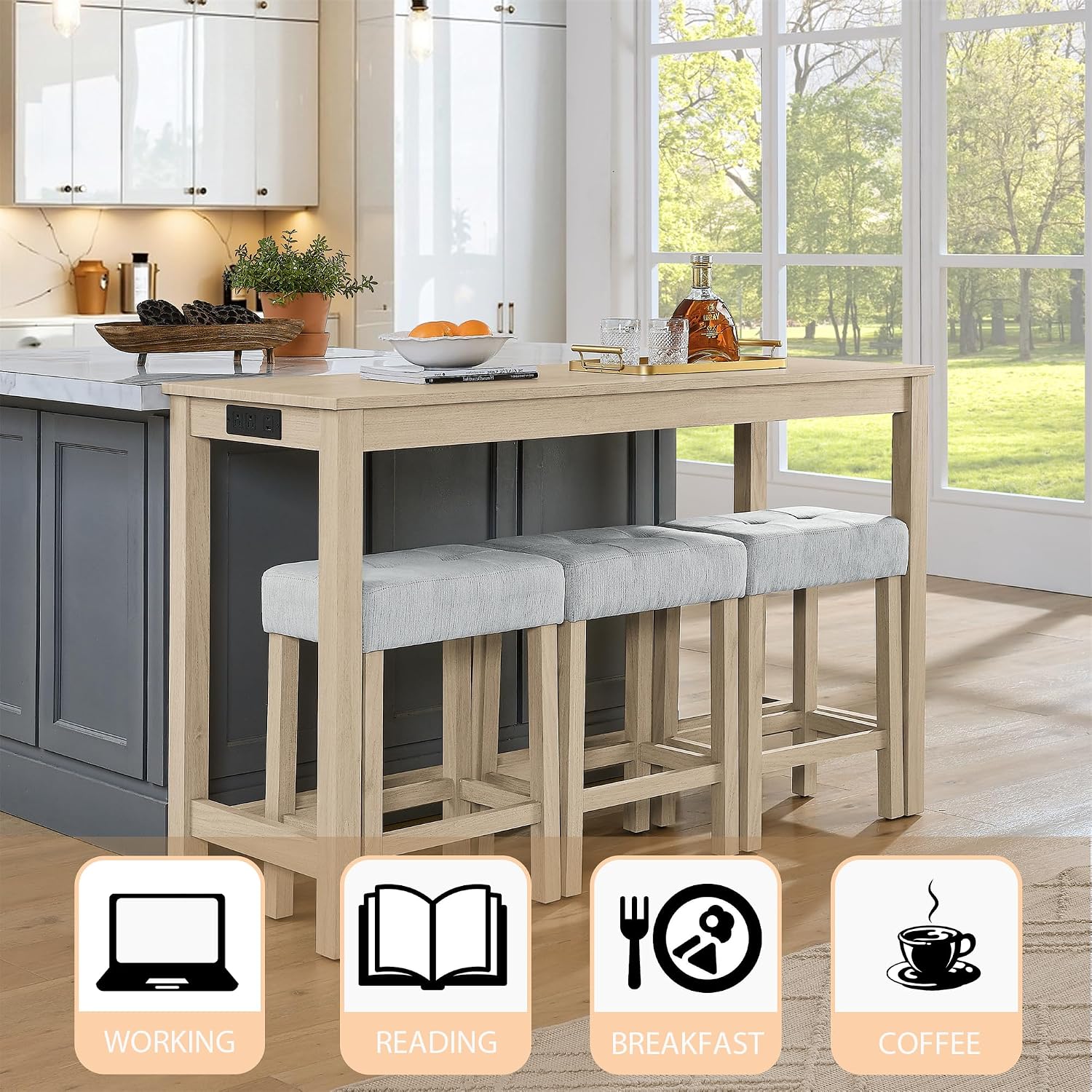 Merax 59 inch Bar Table Set with Power Outlet & Charging Hub, Industrial Solid Wood High Top Table with 3 Linen Upholstered Stools for Kitchen, Living Room, Dining Room,Light Oak+Linen Grey