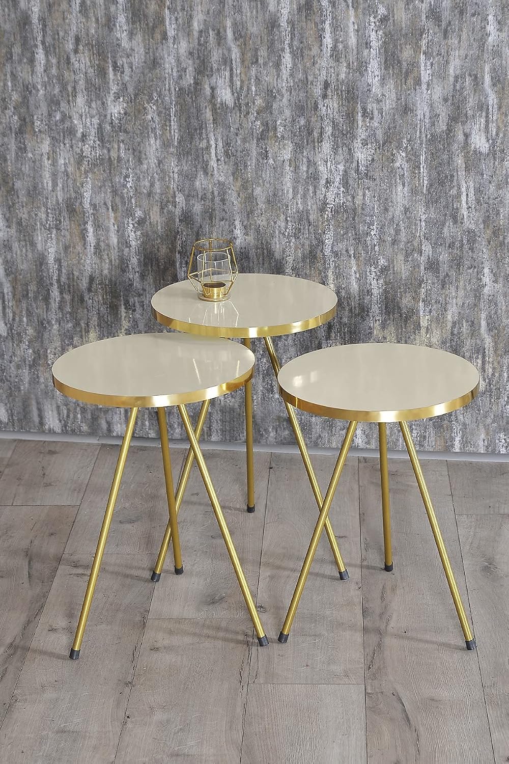 Set of 3 Nesting END Tables - Round Stacking Coffee Side Tables for Small Spaces, Nightstand Bedside Table for Living Room, Bedroom, Living Room, Balcony, NO-Tools Assembly (Beige/Gold, Sunset)