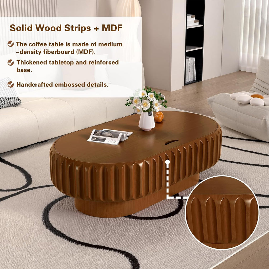 Round Drum Coffee Table White Fluted Coffee Table Circle Center Table Pedestal End Table for Apartment (43.3in)