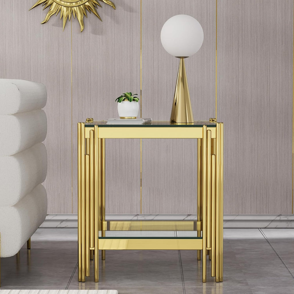 Modern Glass End Table, 20' Suqare Side Table with Gold Mirrored Stainless Steel Frame, 2-Tier Clear Glass End Table Nightstand Pedestal Stand Lamp Table for Living Room, Bedroom, Office