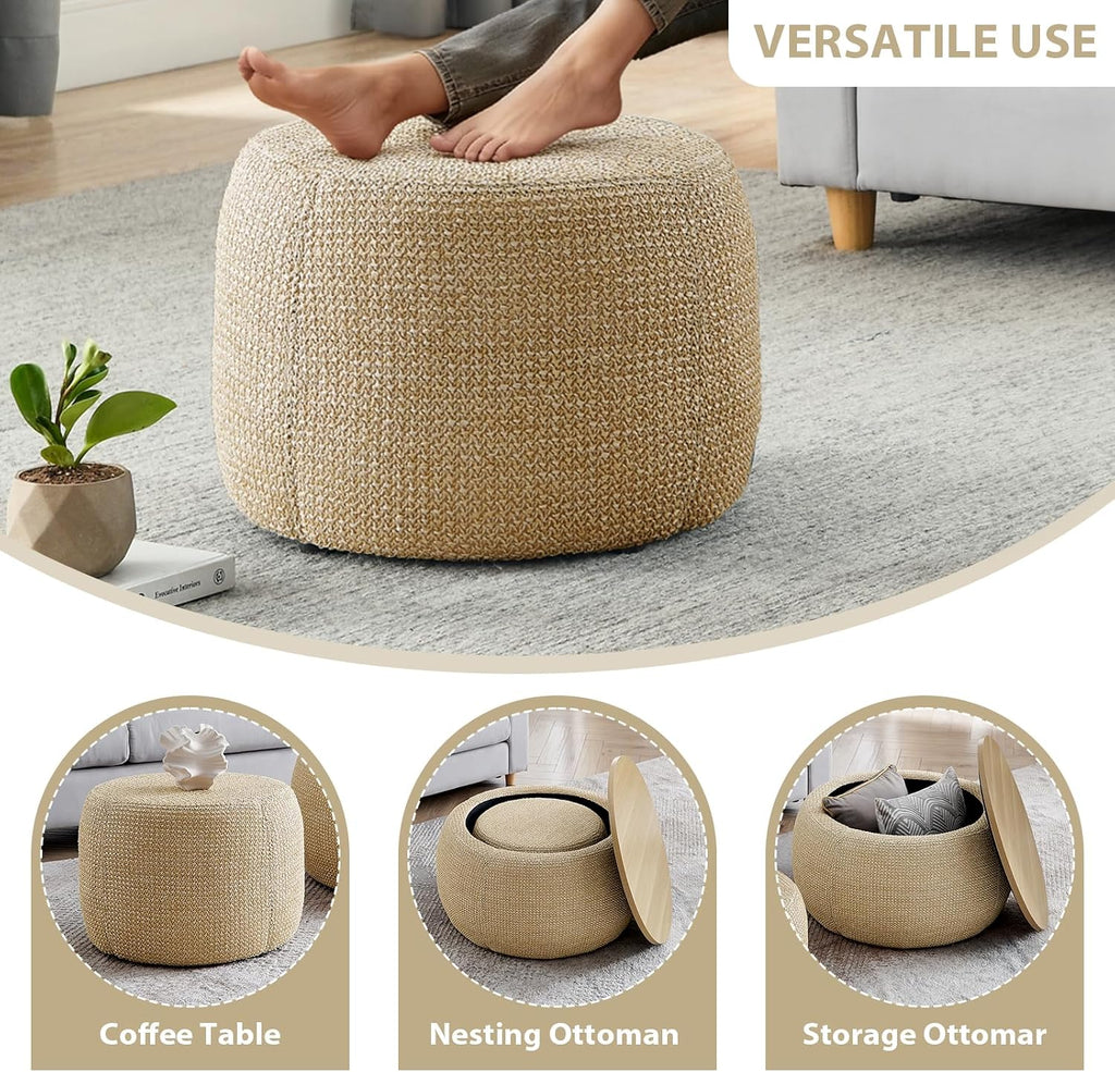 Round Ottoman with Storage Set, 25' +18' Circle Coffee Table Upholstered Nesting Modern End Table Footstool with Removable Wood Tray Woven Rattan for Living Room No Assembly, Natual