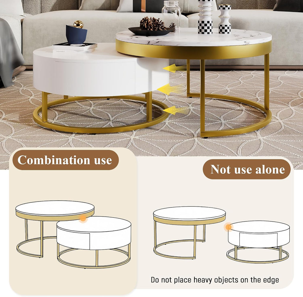 Modern Round Nesting Coffee Table with Drawers in White, Circle Coffee Tables for Living Room