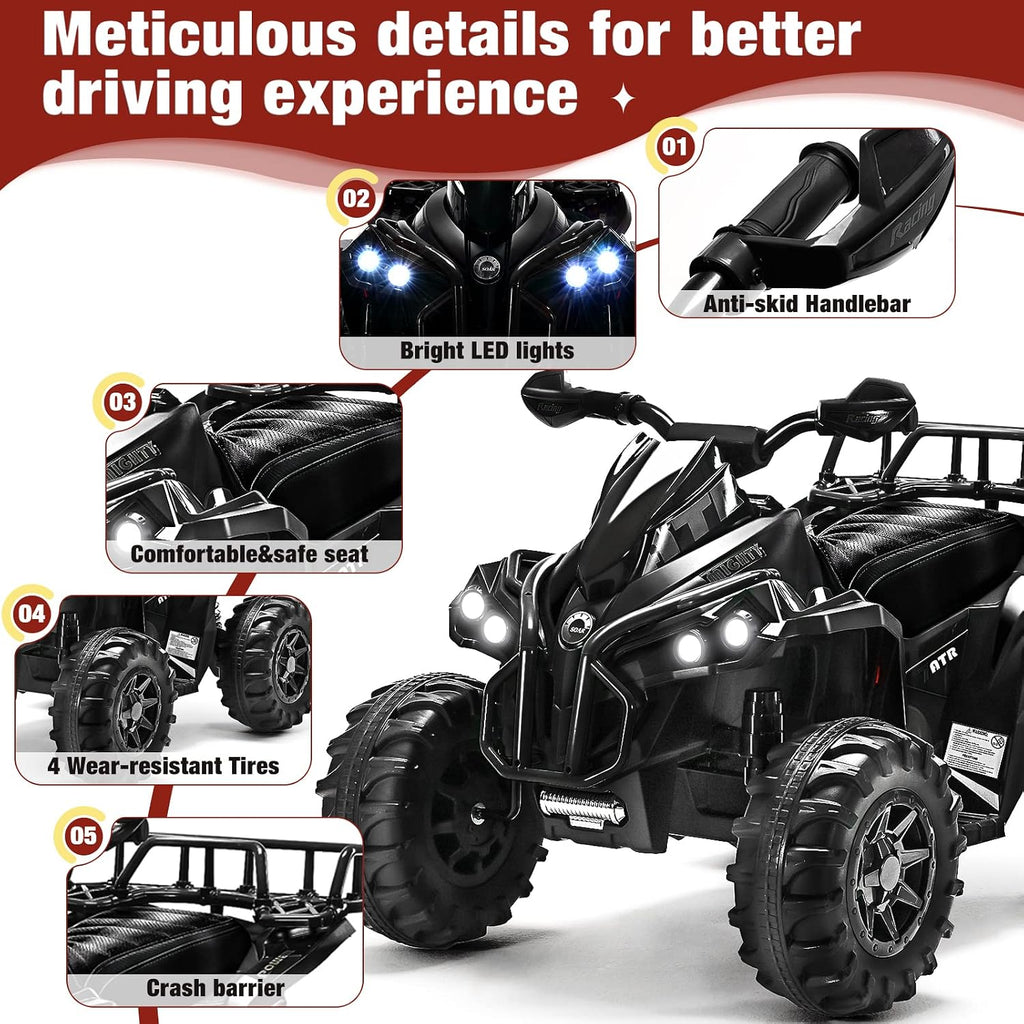 Soar 12V Ride On ATV for Kids Ages 3–6, Electric 4 Wheeler with LED Lights, Music Player, High/Low Speed, USB/TF, Treaded Tires, Black