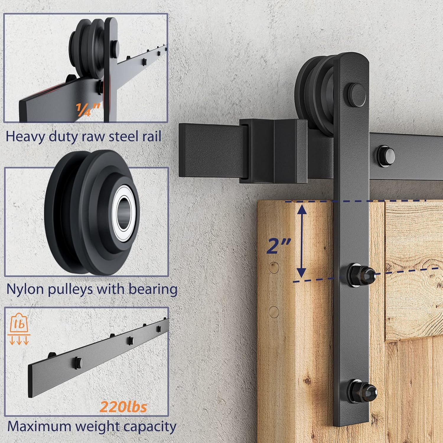 SMARTSTANDARD 12 FT Heavy Duty Sturdy Sliding Barn Door Hardware Kit, Black, (Whole Set Includes 1x Pull Handle Set & 1x Floor Guide) Fit 72' Wide Door Panel (I Shape Hanger)