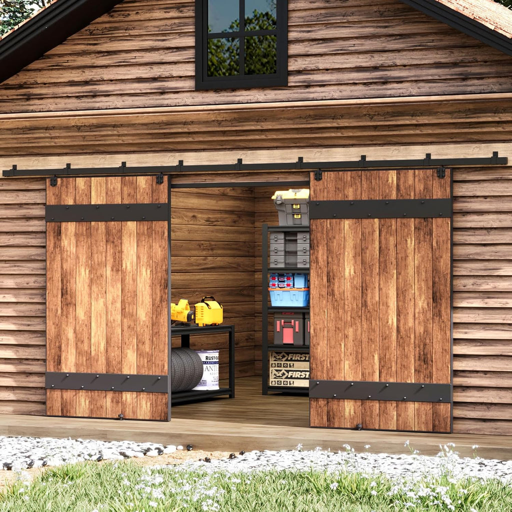 Easelife 16FT Exterior Sliding Barn Door Hardware Kit, Box Rail Track, 450lb Capacity, Black Weather-Resistant Steel, Wall Mount System for Outdoor Use, Fit Double 48in Door
