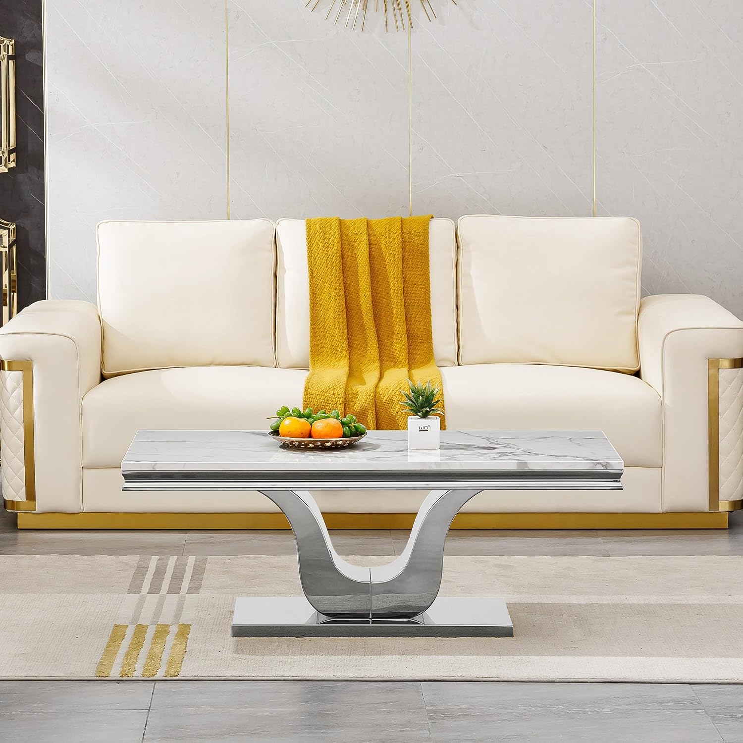 3 Pieces Coffee Table Set, Faux Marble Living Room Table Set of 3, Modern Coffee Table and 2 End Tables with U-Shaped Stainless Steel Base for Living Room (White Silver)