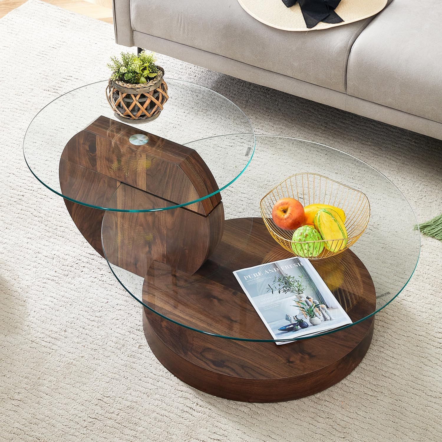 Glass Coffee Table, Modern Round Clear Coffee Tables for Living Room, 3-Tier Circle Tempered Coffee Table with Storage Wooden Side Table for Home Bedroom Balcony Yard (Walnut, 42 inch)