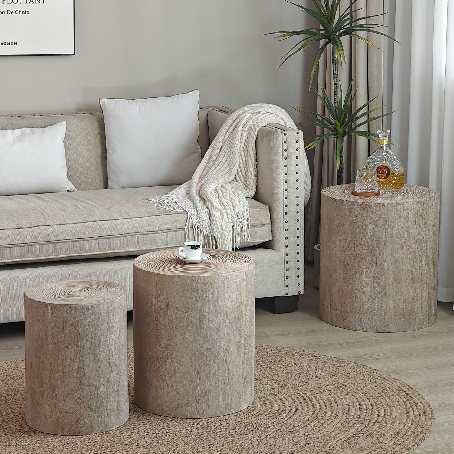 KEVINSPACE Living Room Coffee Table Set of 3, Includes ø18.3 Round Modern Coffee Table, ø15.2'' Drum End Table, ø12.2 Side Table, Round 3-Piece Occasional Table Set Circle Wood Coffee Table