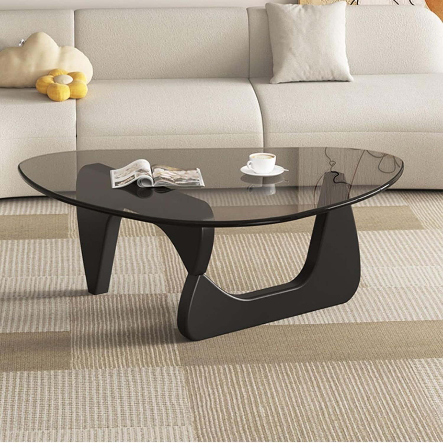 EASYSOUL Modern Glass Coffee Table, 32.68' D x 22.44' W x 15.75' H, Abstract Round Tea Tables for Living Room Home Office Industrial Cocktail Tables (Black-Gray Glass, 32.68')