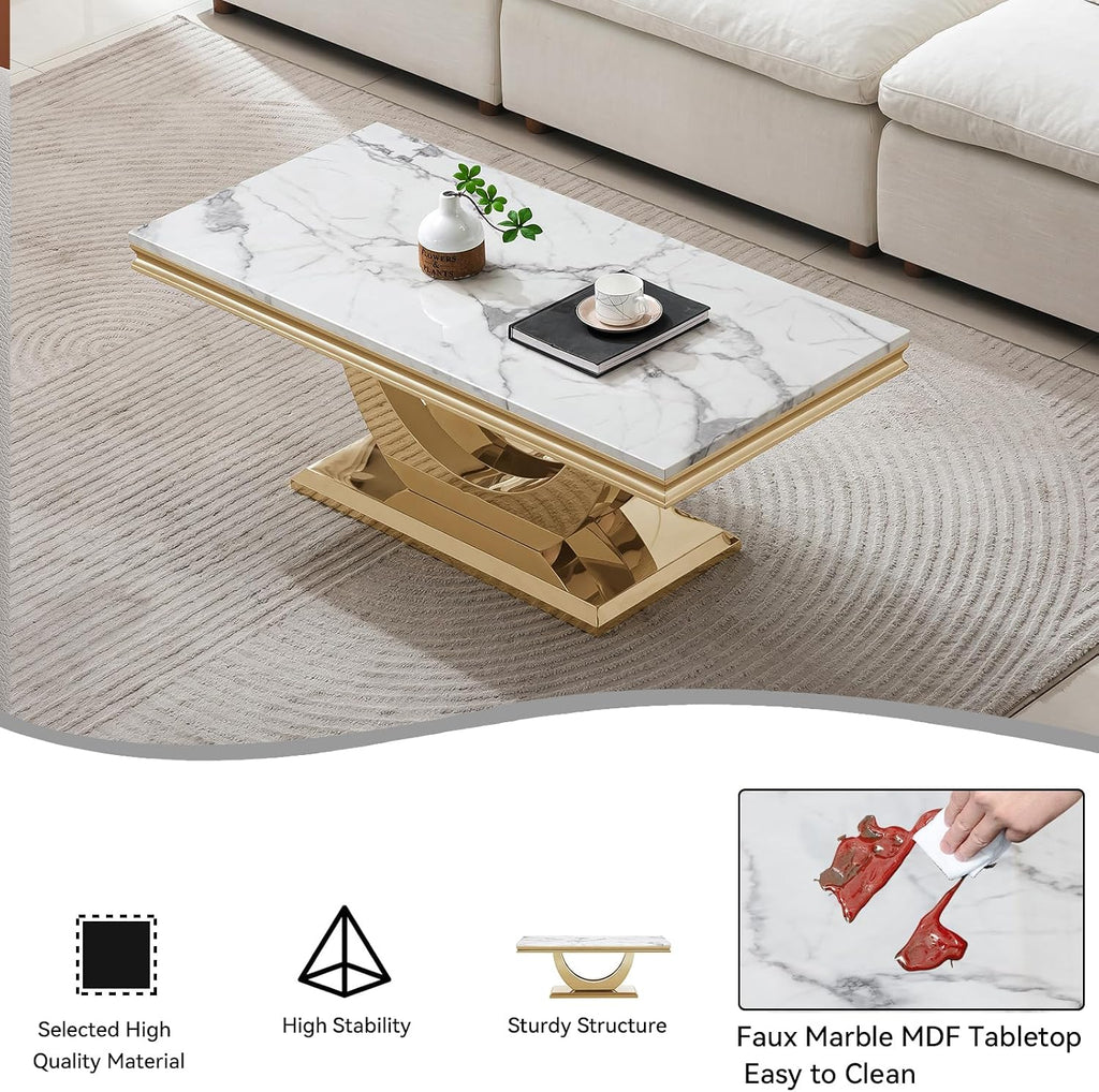 2 Pieces Living Room Table Set, Faux Marble Coffee Table Set of 2, Modern Coffee Table and End Table with U-Shaped Stainless Steel Base for Living Room (White Gold)