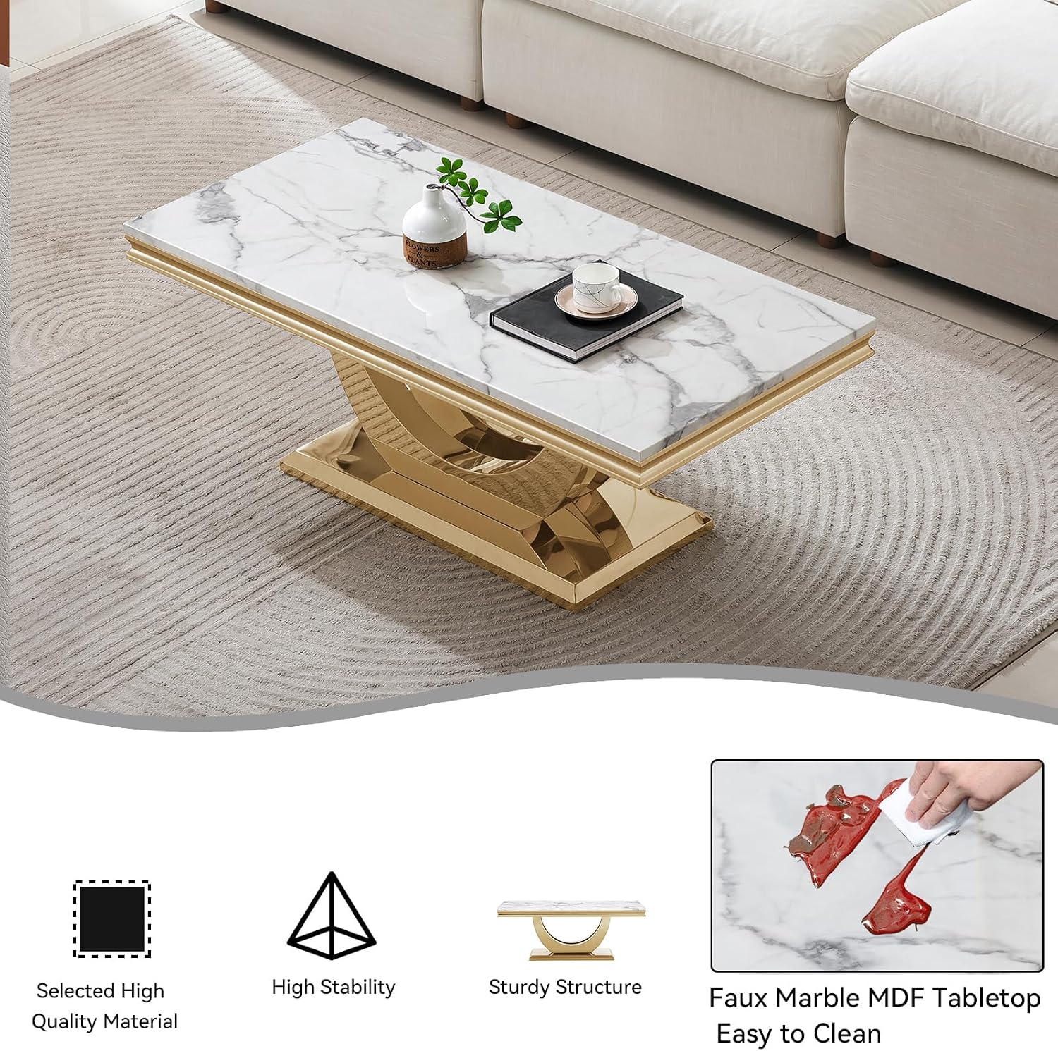 2 Pieces Living Room Table Set, Faux Marble Coffee Table Set of 2, Modern Coffee Table and End Table with U-Shaped Stainless Steel Base for Living Room (White Gold)