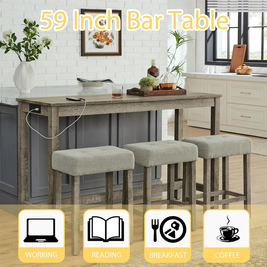 Merax 59' Bar Table Set with Power Outlet,Industrial Breakfast Table with 3 Upholstered Stools w/Footrest,4 Piece Counter Height Bar Table and Chair Set for Living Room,Dining Room,Kitchen,Brown