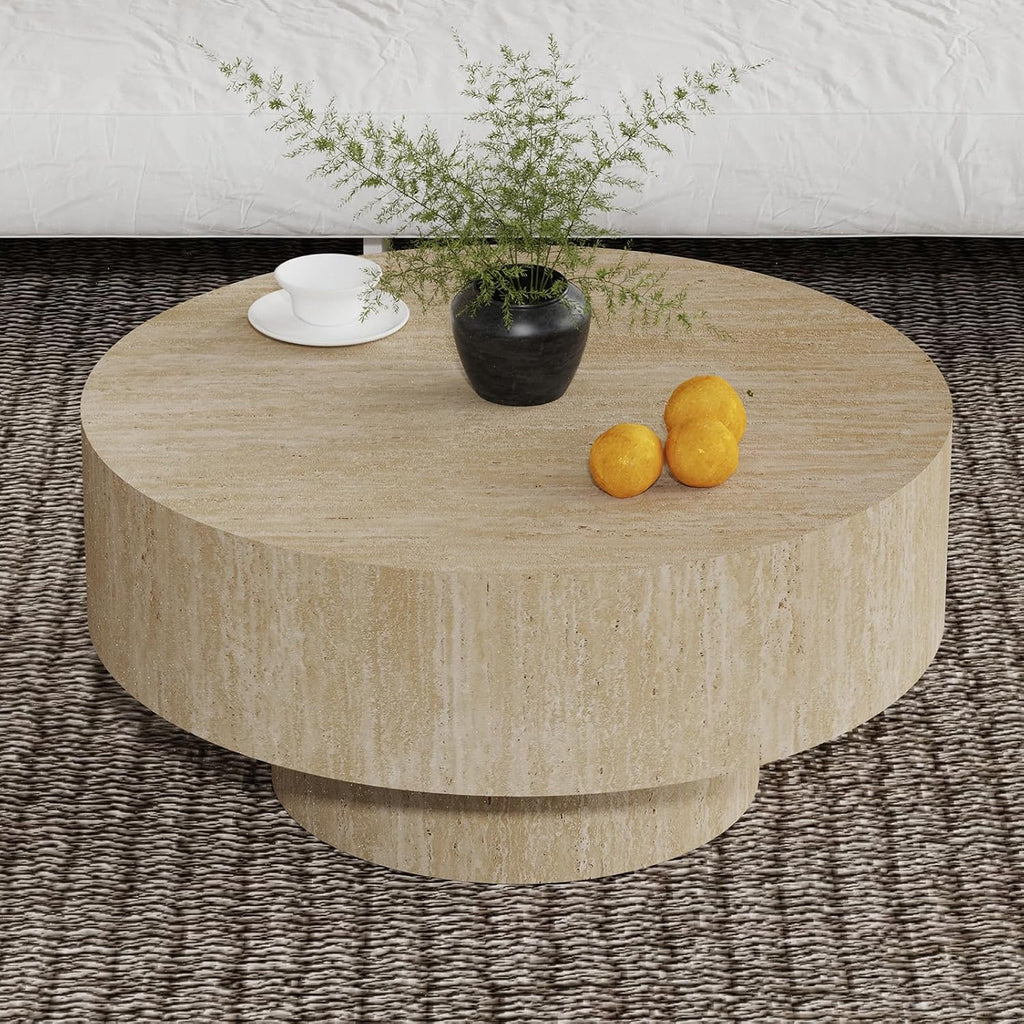 Modern Round Coffee Table, Round Coffee Tables for Living Room Contemporary Low Circle Center Table for Apartment, Farmhouse, Office, Mesa De Cafe (Round Travertine)