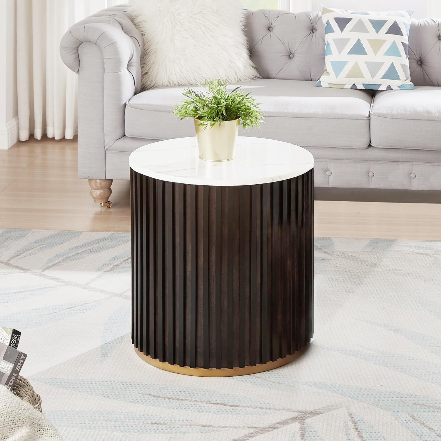 Round Wood End Table with Marble Lid ＆ Hidden Storage, Modern Handcraft Drum End Table, Circle Wooden Side Table for Apartment Living Room, No Need Assembly(Black Brown,20x20x22 in)