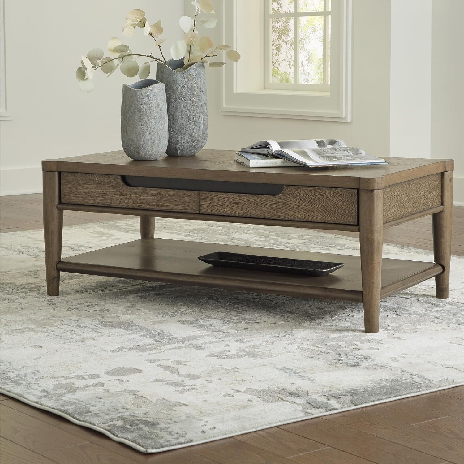 Signature Design by Ashley Roanhowe Contemporary 2-Drawer Coffee Table with Open Lower Shelf and Tapered Legs, Dark Brown