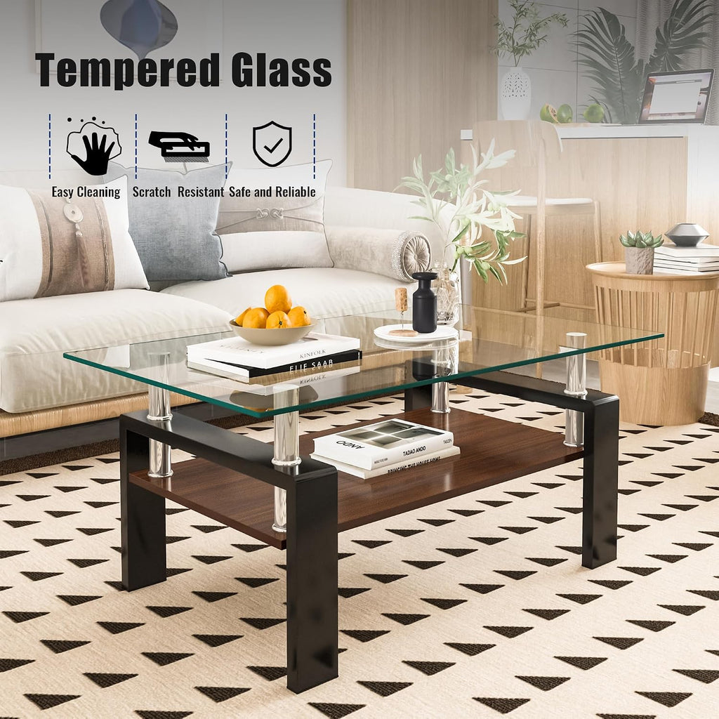 Glass Coffee Table Sets of 3 for Living Room, Mordern End Table Sofa Side Tables with Storage, Black Metal Leg, Transparent Glass Tabletop Rectangle Tempered Center Table Home Furniture Set