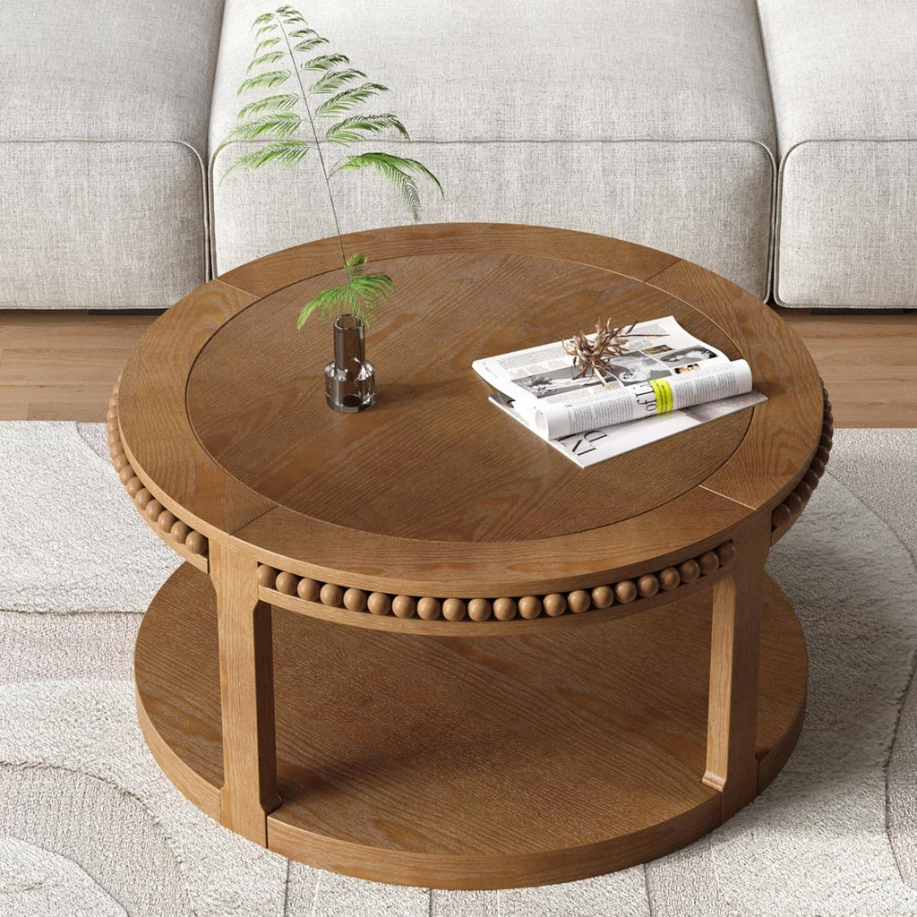 31.5'' Round Coffee Table, 2-Tier Modern Rustic Wood Circle Coffee Table for Living Room, Easy Assembly, Walnut