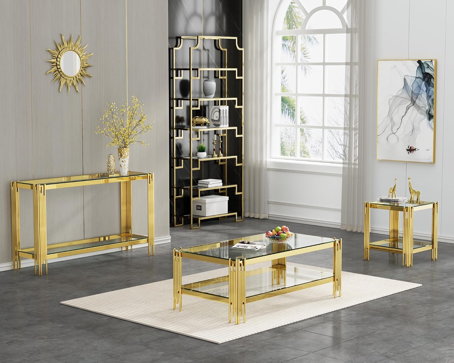 Modern Gold Glass Console Table, Luxury 55' Rectangular Sofa Table with Stainless Steel Frame, 2-Tier Console Entryway Table with Storage for Living Room Entrance Hallway