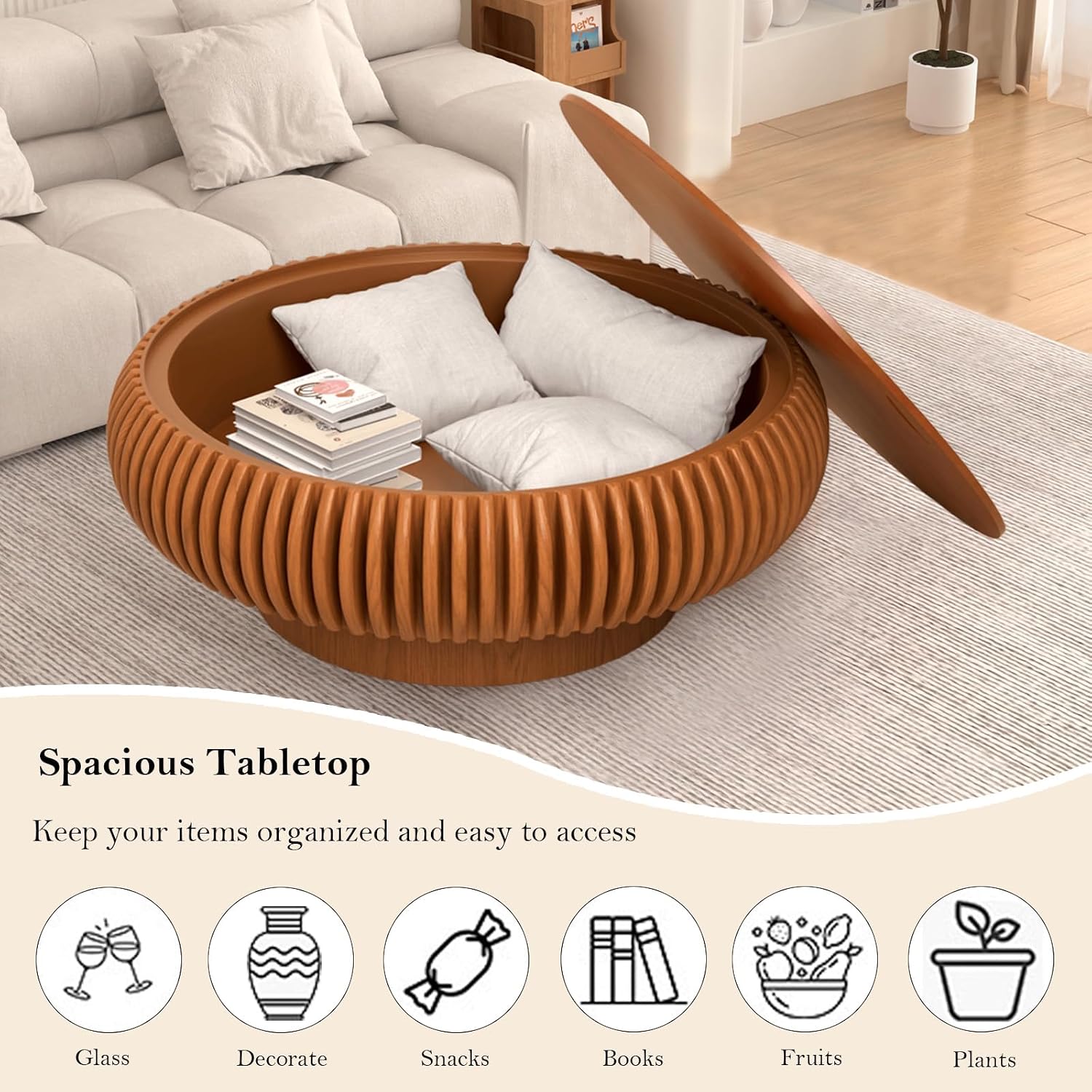 39.37' Round Fluted Coffee Table with Storage Unique Contemporary Wood Low Circle Drum Tea Tables - Sturdy Pedestal for Small Space (J Brown 39.37in)