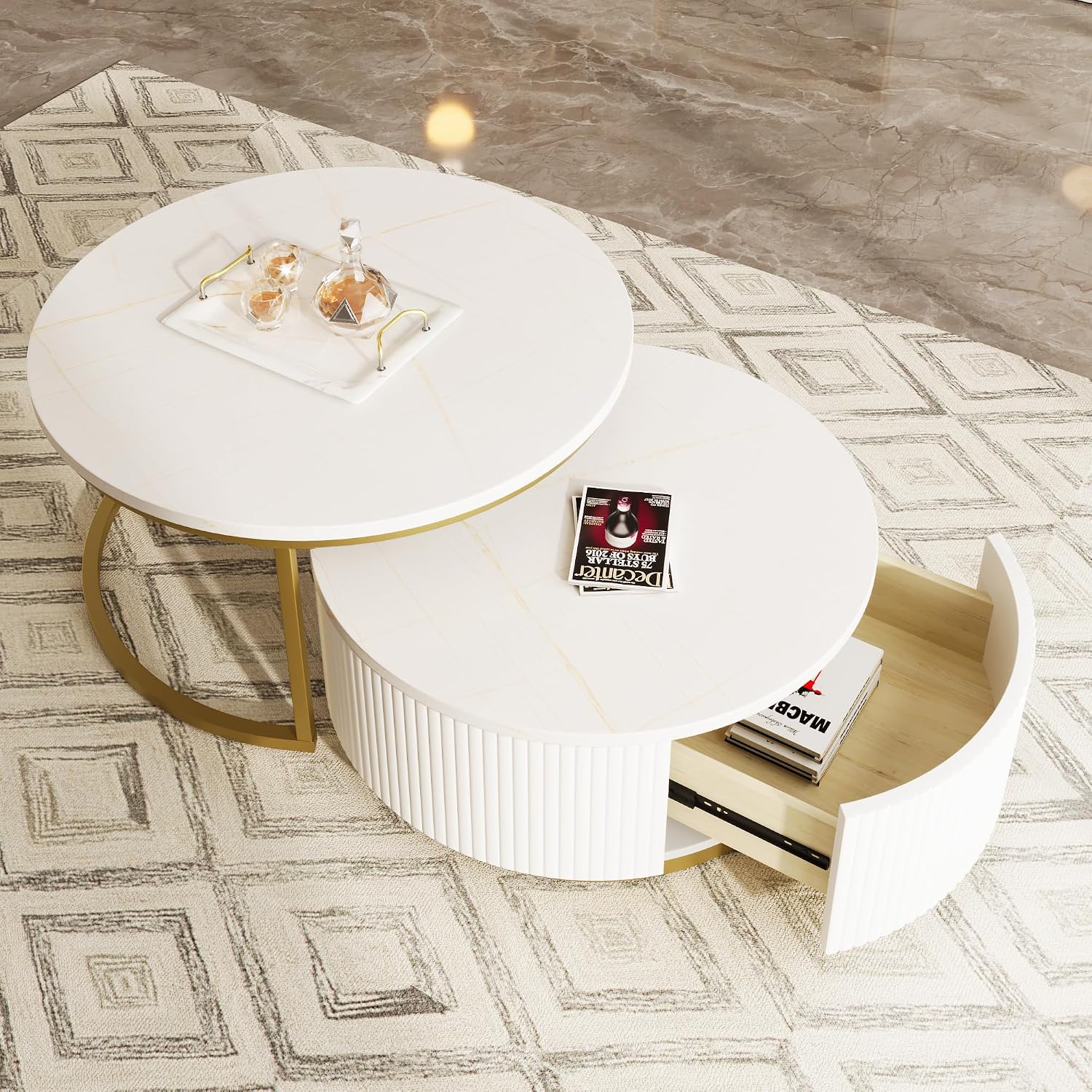 Lift-Top Nesting Coffee Table Set of 2, Modern Round Coffee Table with Drawer, Circular Wood Center Table Set for Living Room, Apartment, 31.5' White & Gold