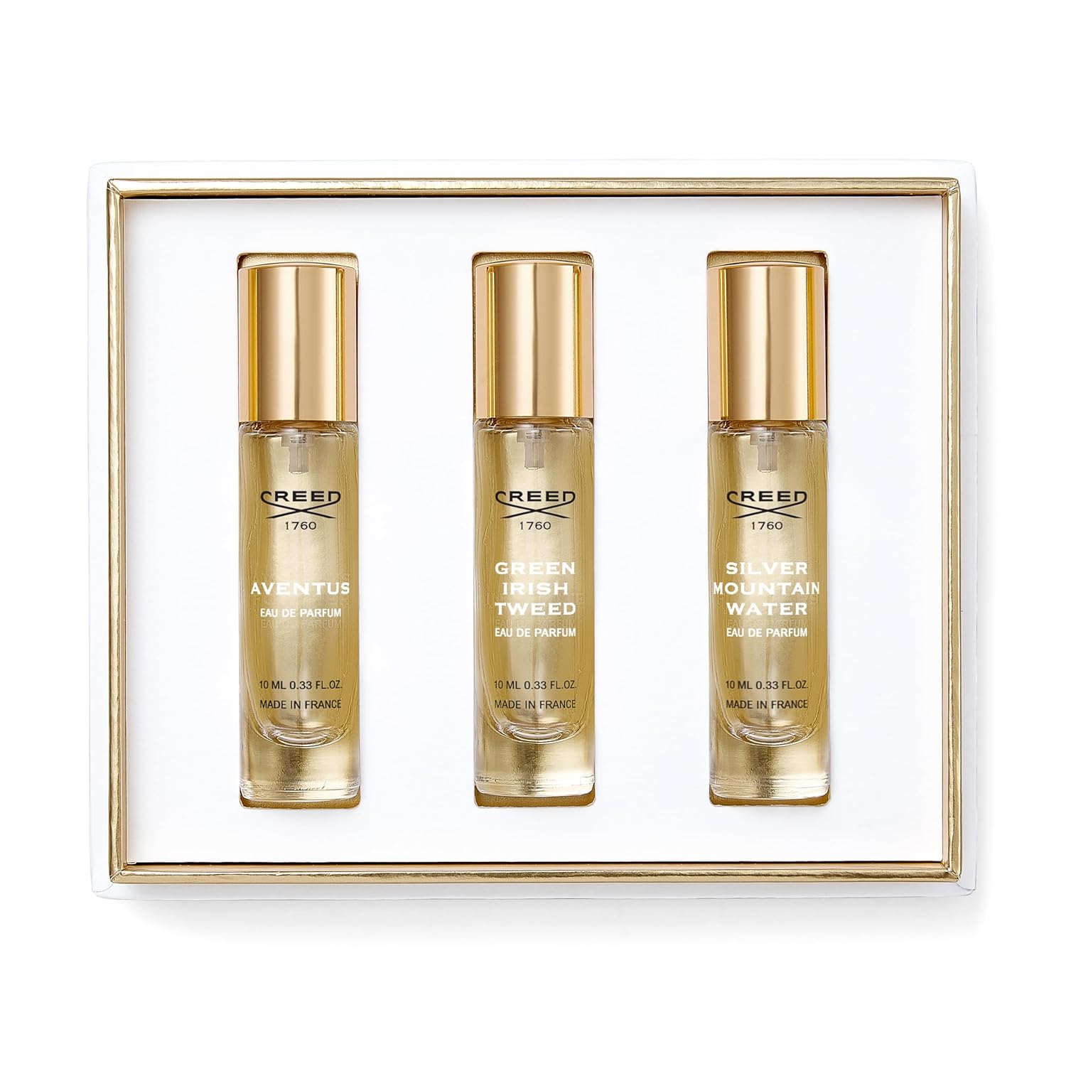 House of Creed Men's Holiday Gift Coffret Set, Features 3 Signature Cologne Scents of Aventus, Green Irish Tweed, & Silver Mountain Water, 3 x 10ml