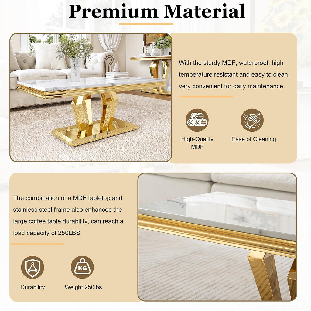 Modern Marble Coffee Table, 47' Living Room Table with Diamond-Shape Stainless Steel Base and Thickened Faux Marble Top for Living Room, Bedroom, Lounge (Gold,White)