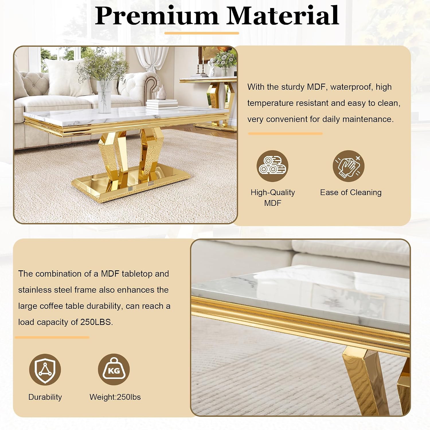 Modern Marble Coffee Table, 47' Living Room Table with Diamond-Shape Stainless Steel Base and Thickened Faux Marble Top for Living Room, Bedroom, Lounge (Gold,White)