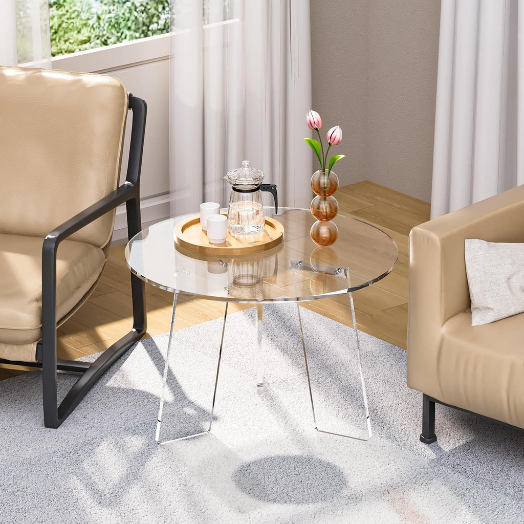 Acrylic Coffee Table Round, Clear Circle Modern Lucite Side Table Legs for Living Room, Bedroom, Office (Clear, 23.6' × 15.7')