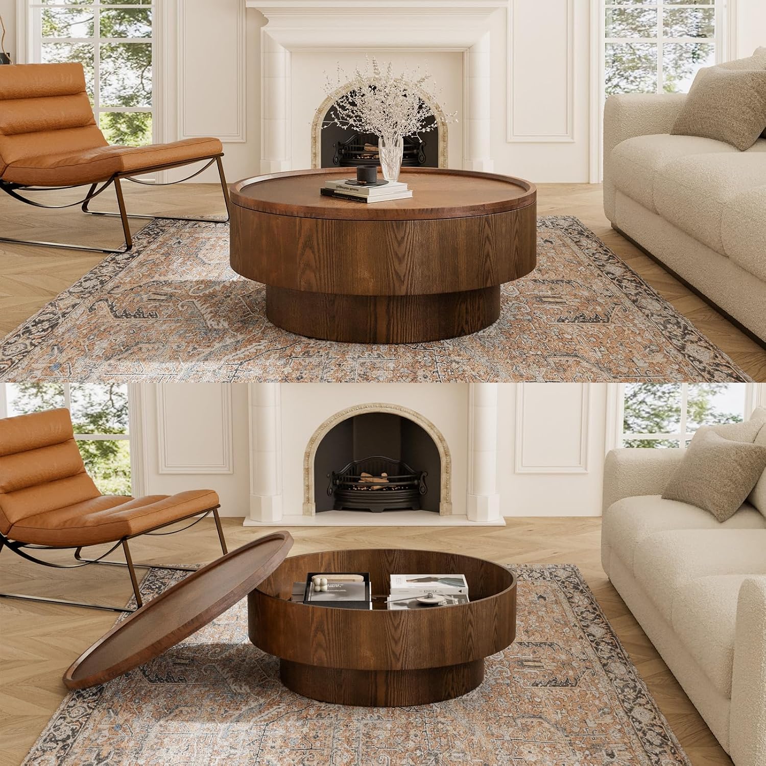 30.7' Round Coffee Table with Storage Modern Stylish Circle Storages Coffee Table with Solid Wood Veneered for Living Room Study Balcony Farmhouse (Circle Storage Table 30.7in)